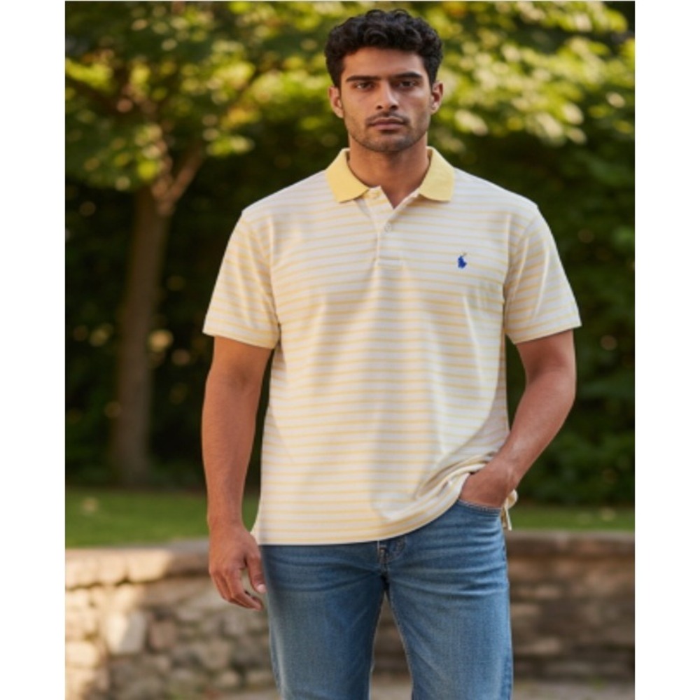 Polo Ralph Lauren Performance Mens XL Yellow White Striped Classic Polo Shirt